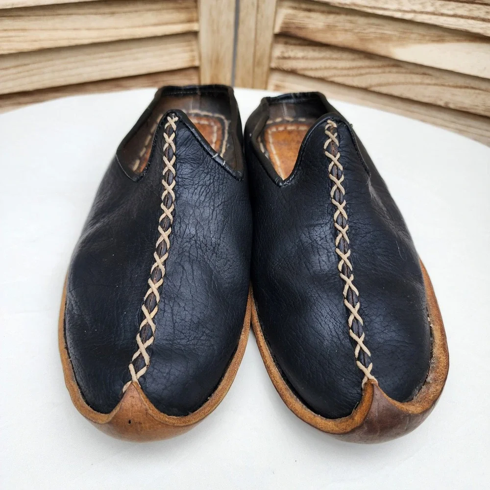 Handmade EU 41 US 8 Black Leather Traditional Arab Slippers Mules Persian Genie